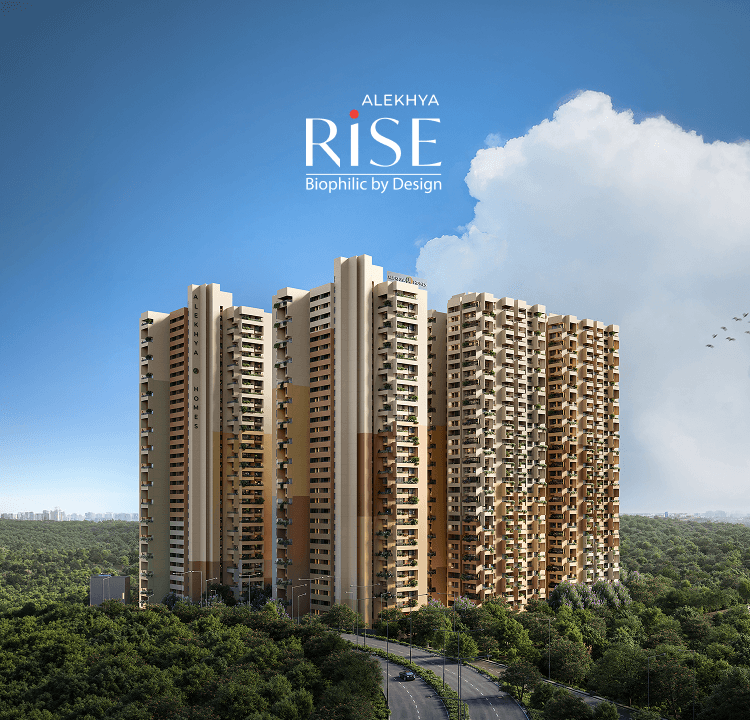 Alekhya Rise towers rising above the Kokapet skyline, with the project's own wordmark overlaid