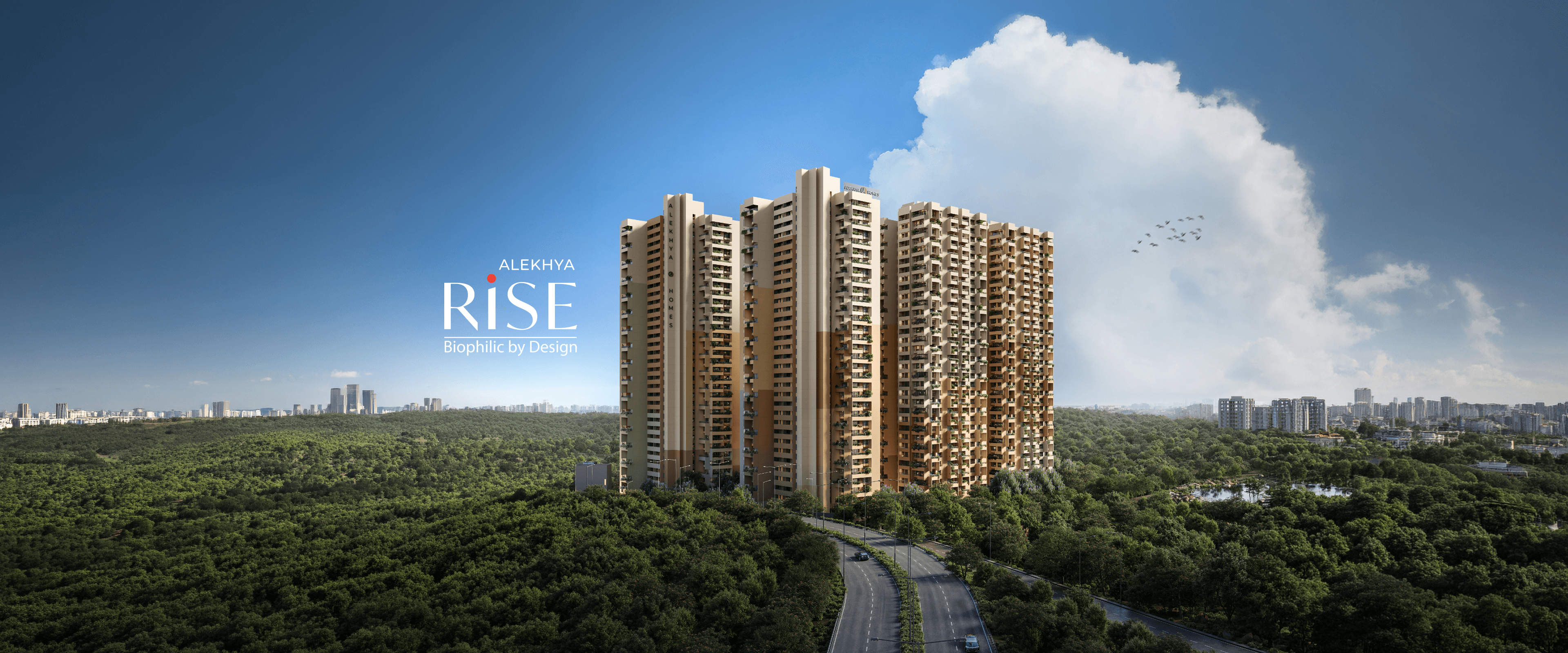 Alekhya Rise towers rising above the Kokapet skyline, with the project's own wordmark overlaid
