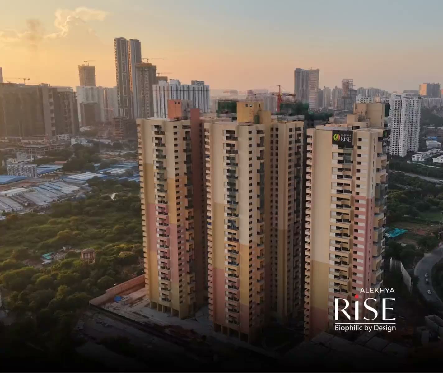 Aerial view of the Alekhya Rise towers above Kokapet as the light turns at sunset