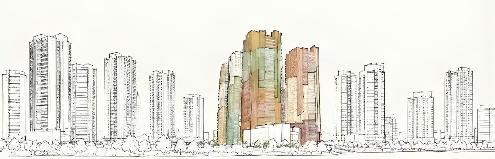 Watercolour skyline sketch of the Alekhya Rise towers among Kokapet's buildings