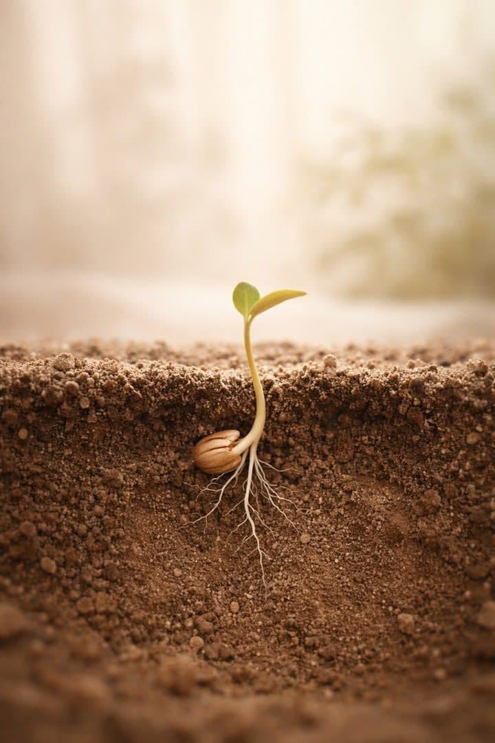 A seedling breaking through dark, healthy soil