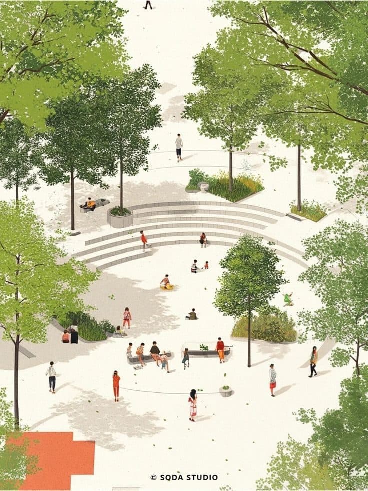 Landscaped amphitheatre steps and shaded seating